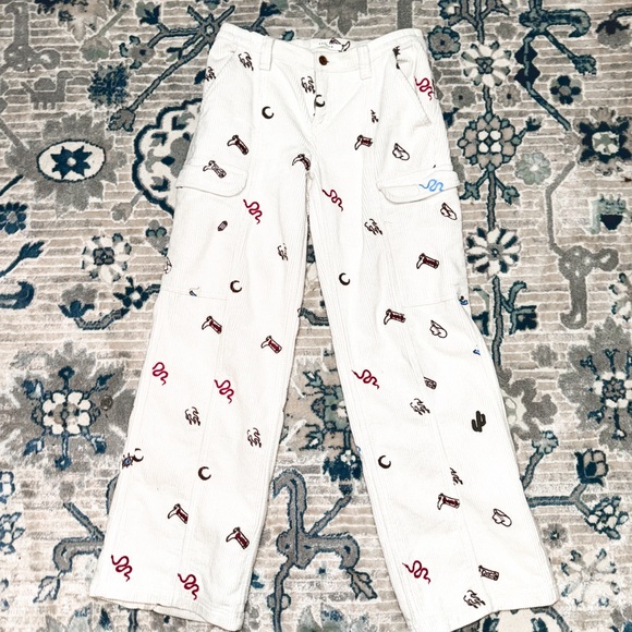 PACSUN EMBROIDERED CORDUROY CREAM PANTS - Picture 1 of 4